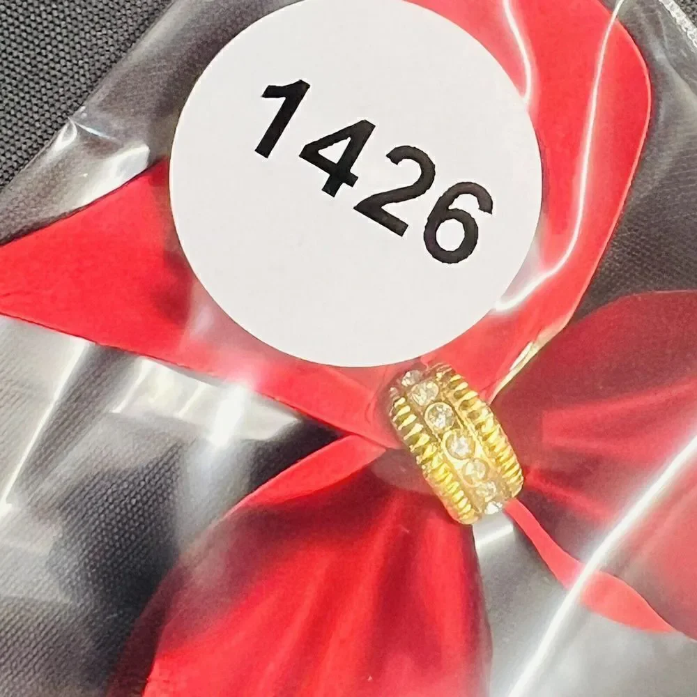 Vintage RED Metalic Satin Bow Ribbon Brooch Pin Crystal Accent Large Matte 1426